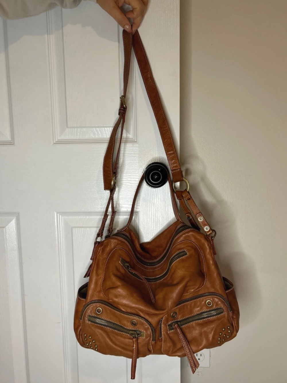 Women’s Tan Leather Shoulder Bag with Studded Zip Pockets
